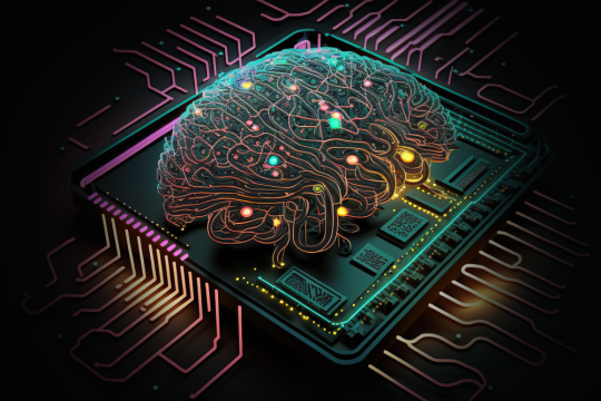 A digital image of a human brain placed on a microchip
