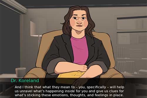 Animated therapist named Dr. Koreland sits in an office speaking about understanding emotions and thoughts.
