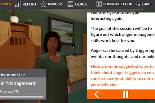 A virtual counselor speaks in a simulated therapy session about anger management and identifying emotional triggers.