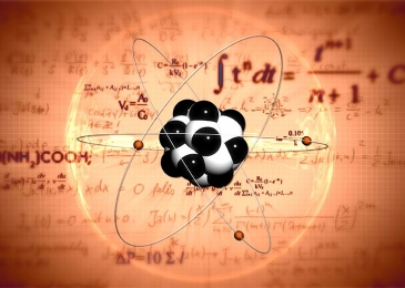 a black and white atom over a number of mathematical equations