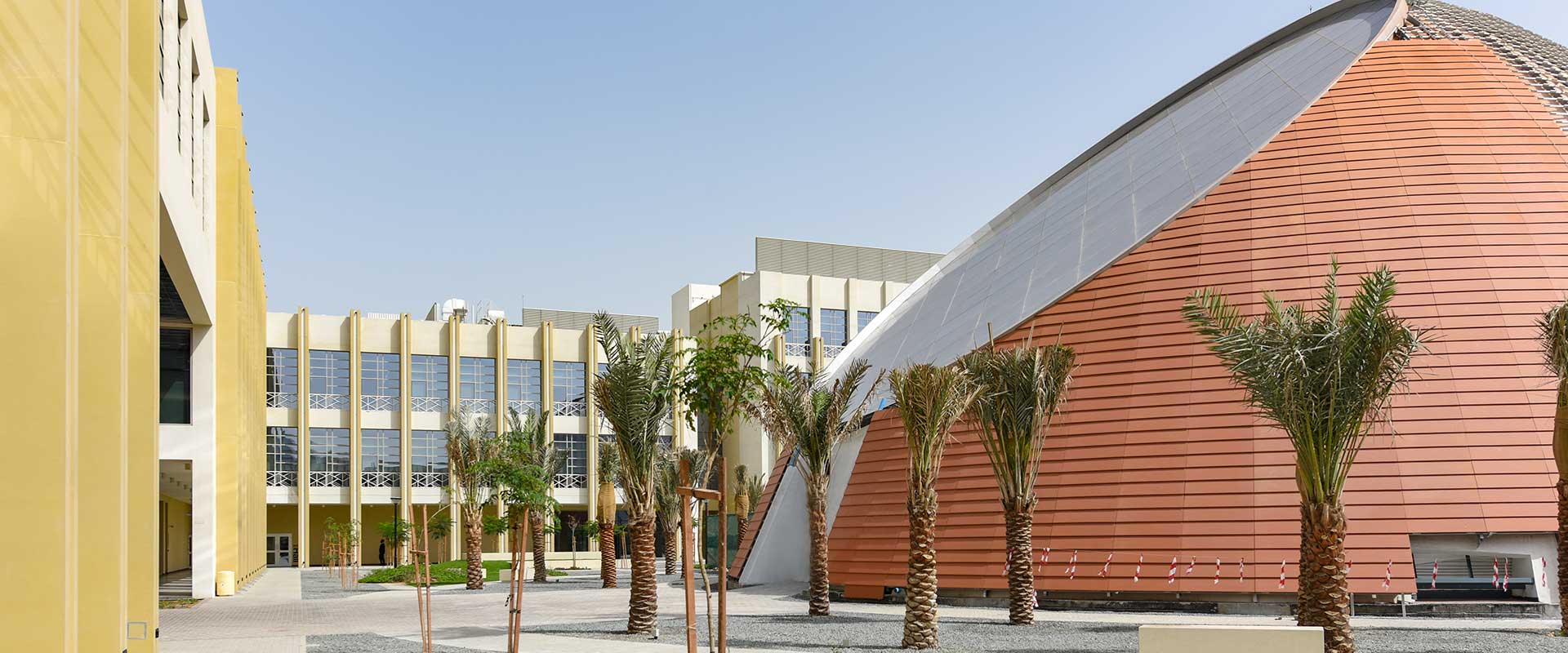 R I T campus in Dubai, with palm trees and a domed structure.