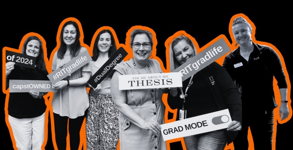 graduate school staff collage in black and white against a black background with orange trim