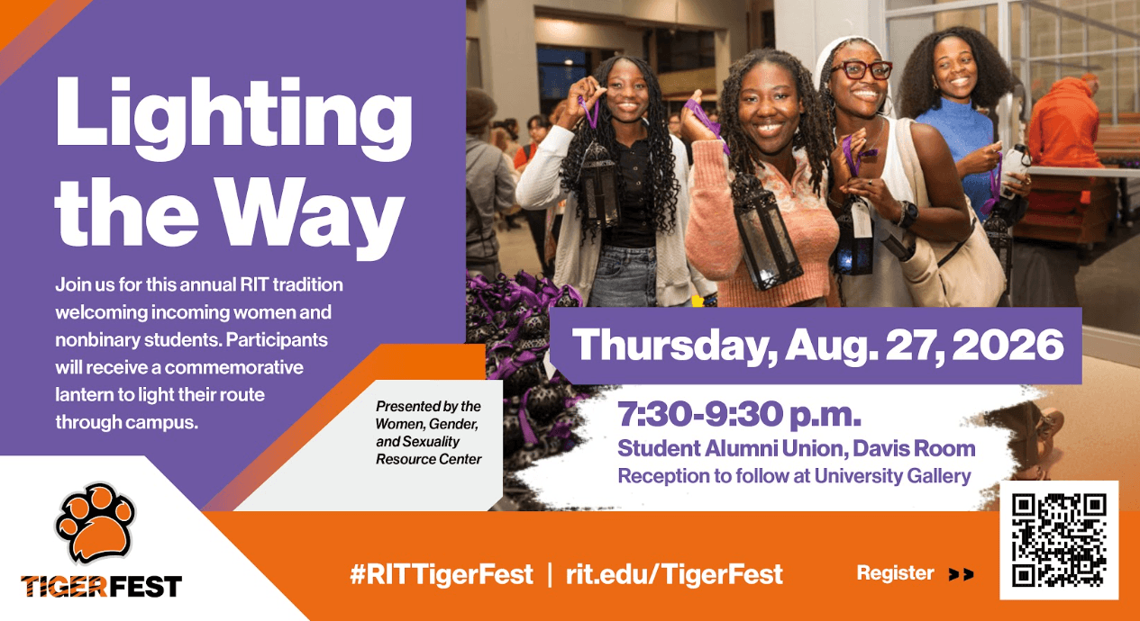 Promotional graphic for RIT's "Lighting the Way", scheduled for Thursday, August 27, 2026, from 7:30 to 9:30 p.m. in the SAU Davis Room. Learn more at https://cglink.me/2d1/r2330408