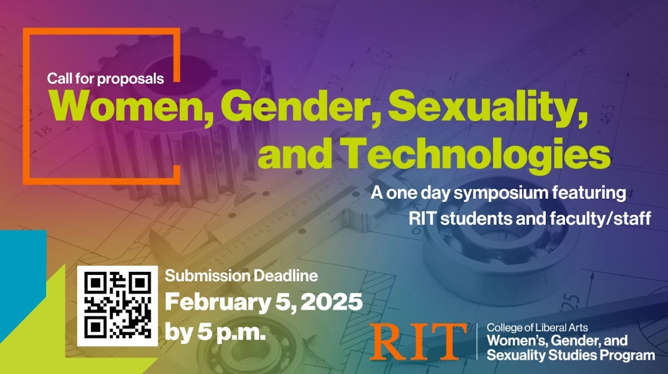 Colorful background, RIT College of Liberal Arts Women's, Gender, and Sexuality Studies Program Symposium. QR Code to register