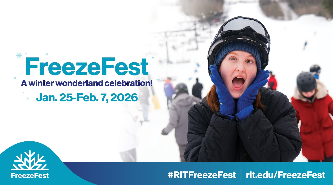 FreezeFest promotional graphic showing a student in winter gear reacting excitedly at a snowy outdoor event, with dates Jan. 25–Feb. 7, 2026.
