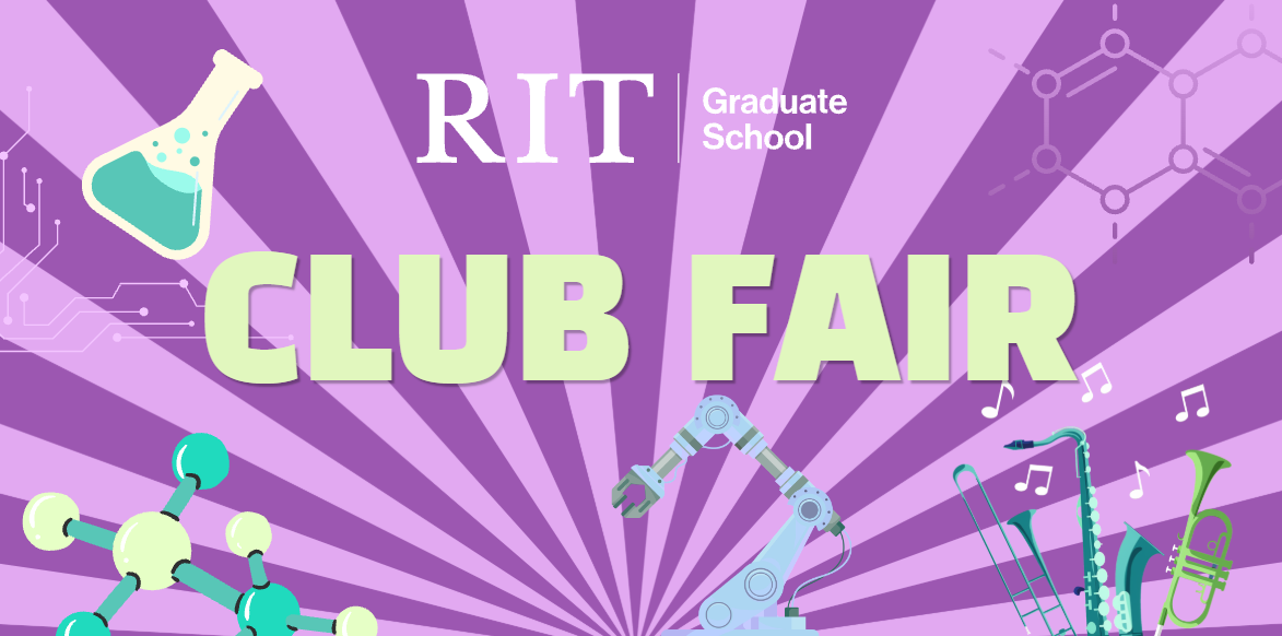 RIT Graduate School logo Club Fair in orange surrounded by graphic of tools, lab supplies, in a yellow color burst
