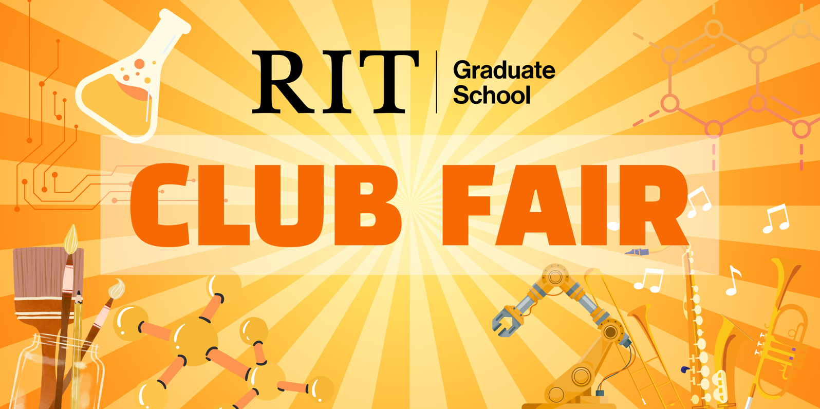 RIT Graduate School logo Club Fair in orange surrounded by graphic of tools, lab supplies, in a yellow color burst