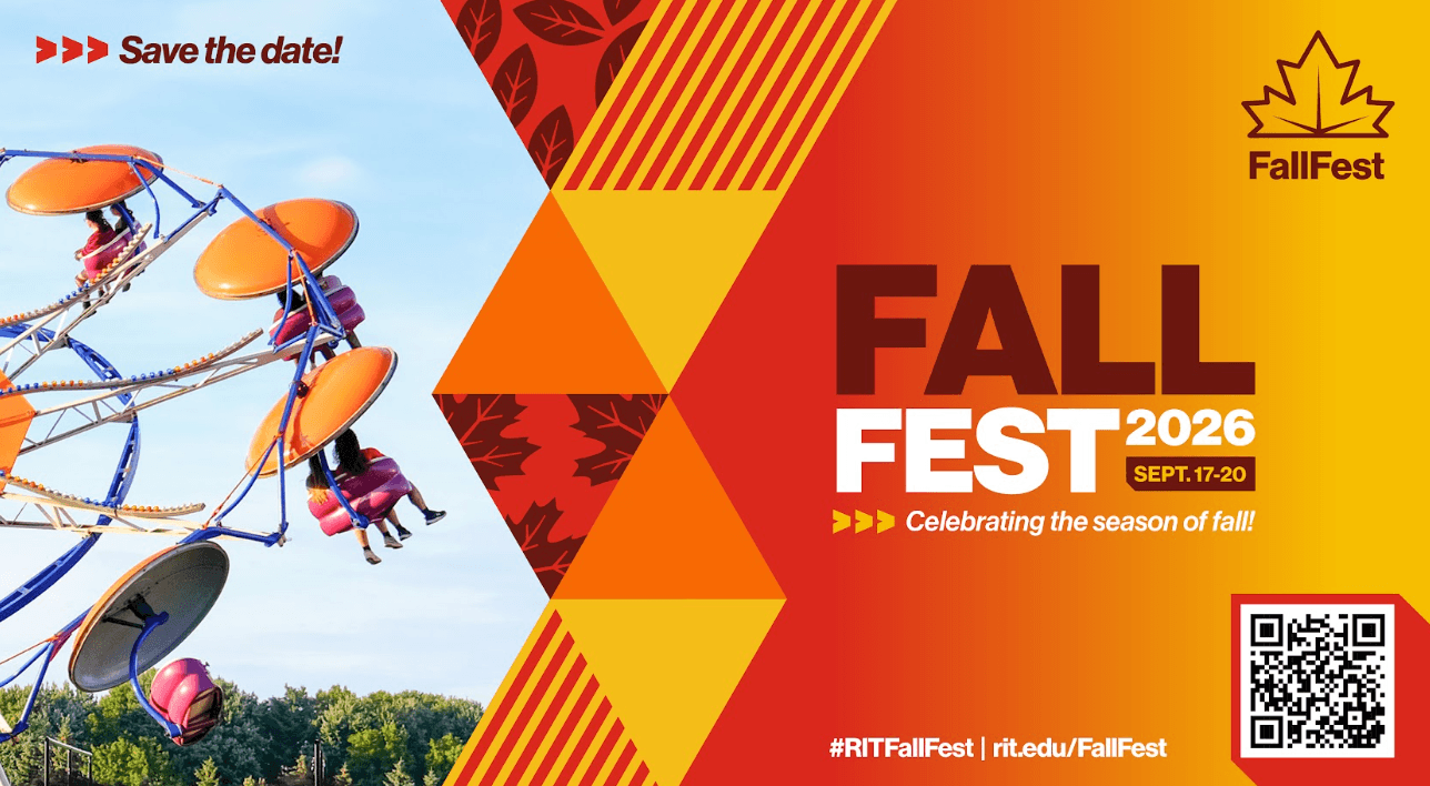 Promotional graphic for RIT's Fall Fest 2026, featuring a carnival ride event details stating it takes place September 17–20. Learn more at https://www.rit.edu/studentlife/fallfest