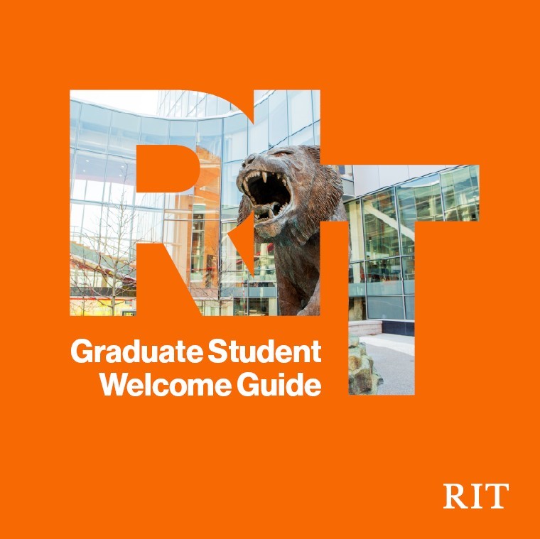 RIT graduate student welcome guide cover in orange with RIT cut out with a tiger sculpture seen in the letters