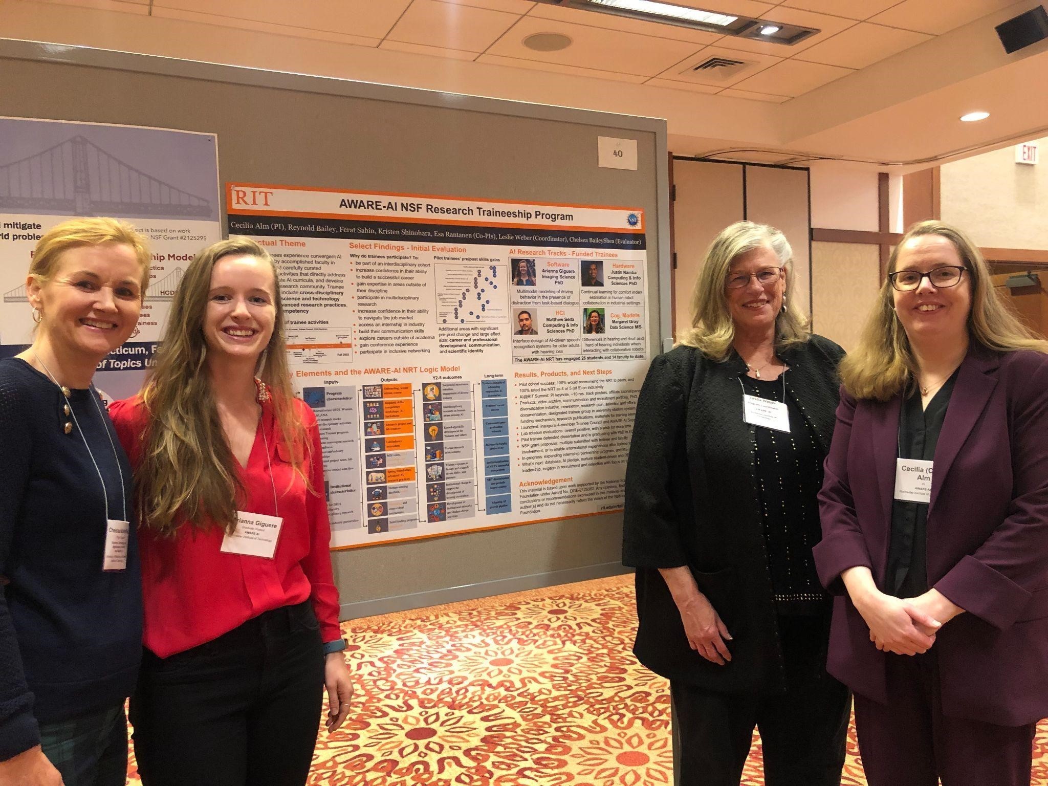 AWARE-AI at the NSF NRT annual meeting (from left to right): Chelsea BaileyShea, external evaluator; Arianna Giguere, trainee; Leslie Weber, project coordinator; Cecilia Alm, director.