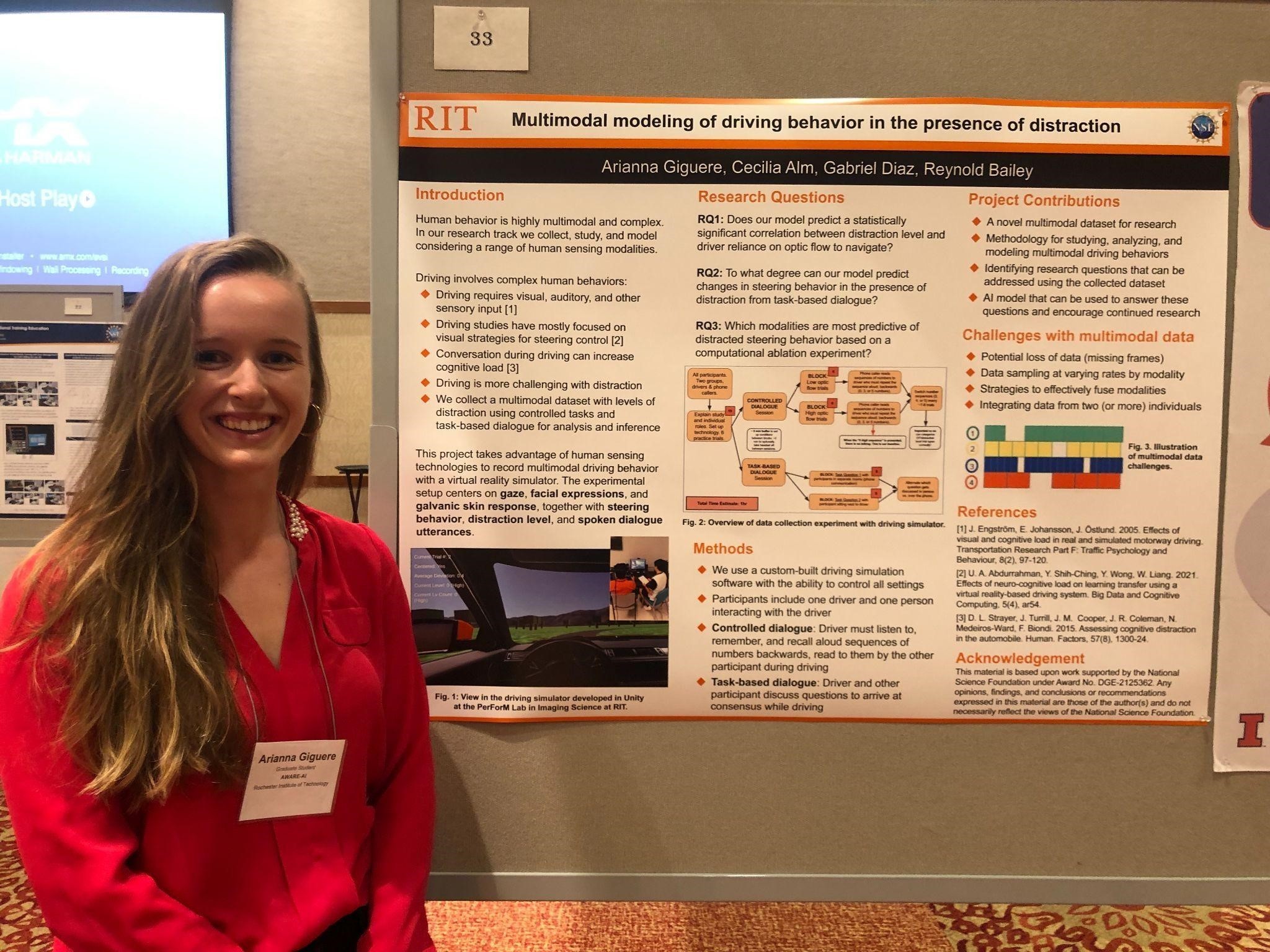 Trainee Arianna Giguere presented on her research track project Multimodal Modeling of Driving Behavior in the Presence of Distraction at the NSF NRT Annual Meeting 2022 at Virginia Tech.