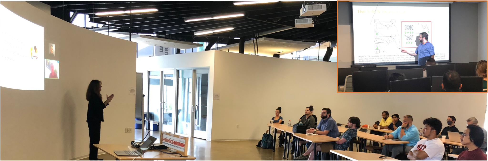 The AWARE-AI onboarding bootcamp’s virtual plenary speaker Sidney K. D’Mello, PI for the NSF National AI Institute for Student-Agent Teaming. Inset shows RIT assistant professor Alex Ororbia who delivered an in-person technical AI lecture.