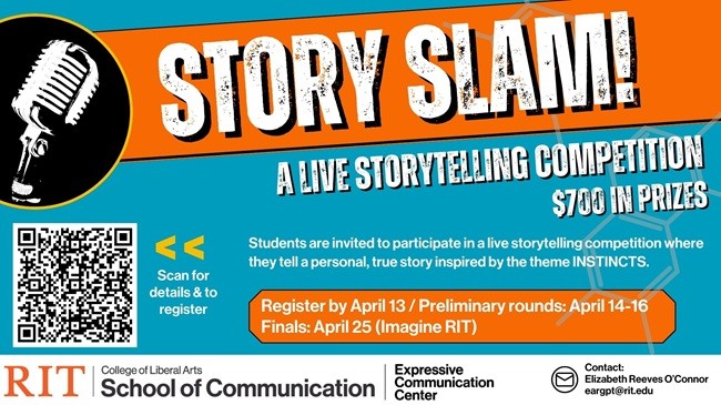 Story Slam poster with the description, April 13 as registration deadline, April 14-16 for Preliminary Rounds and finals on April 25