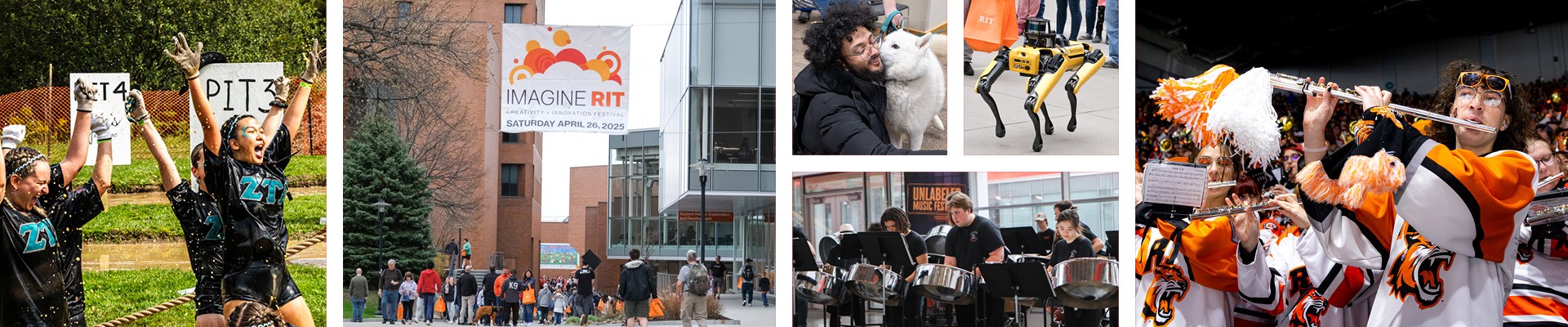 A collage shows four panels depicting different campus traditions, including students cheering, a banner for "Imagine RIT," a person with a white dog and a robot dog, and a marching band performance.