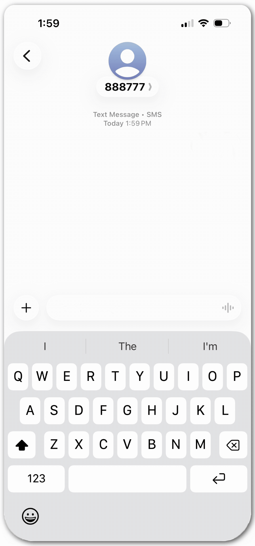 Smartphone text messaging screen showing a conversation with the short code number 888777.
