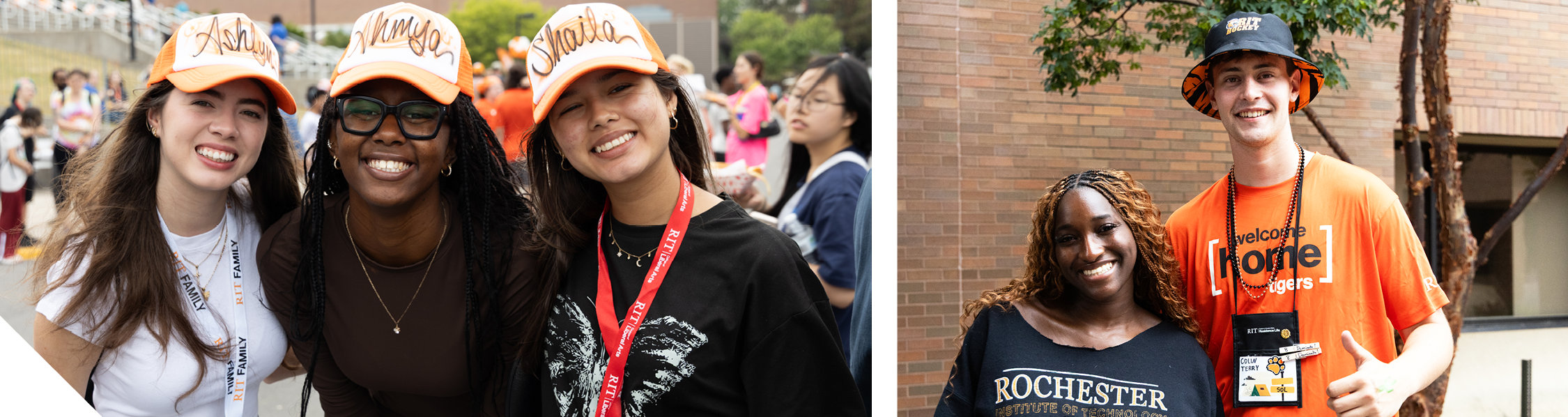 Two photos showing small groups of RIT students at a campus welcome event, wearing orange RIT hats and shirts outdoors.