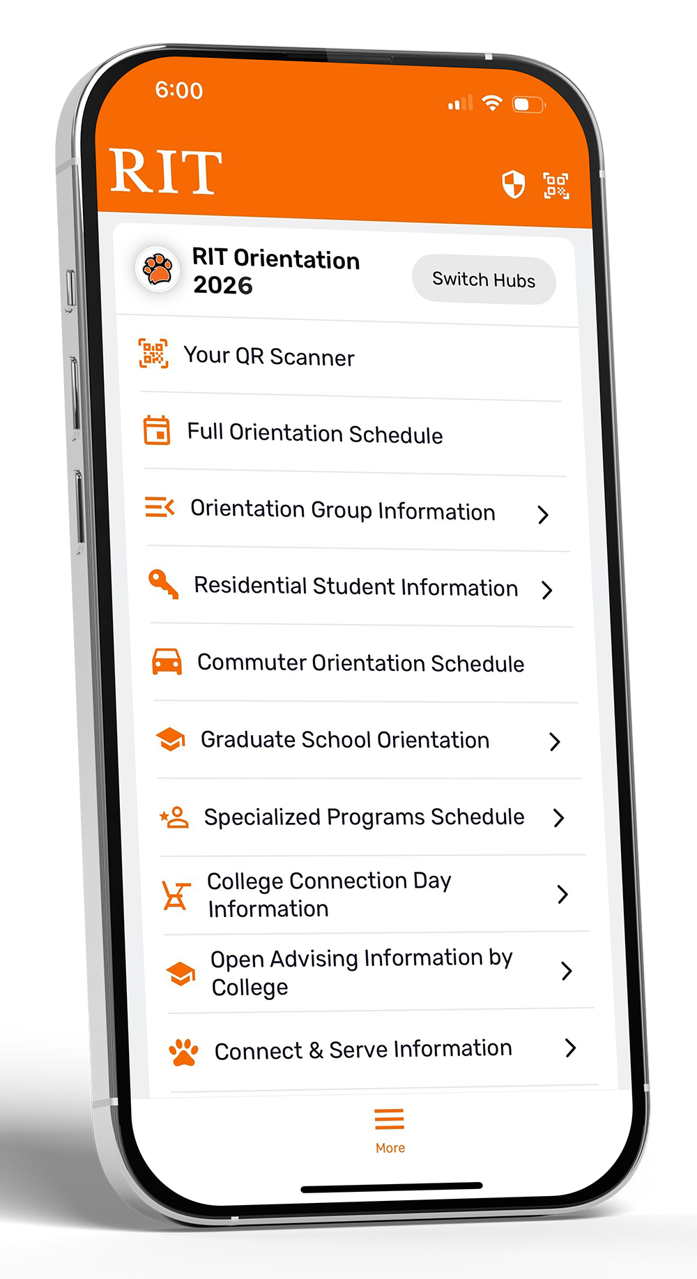 A phone displays the Fall 2026 Orientation App