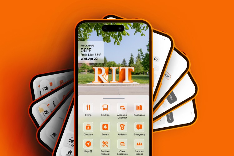 The RIT Mobile app is shown on a phone screen in front of an orange background.