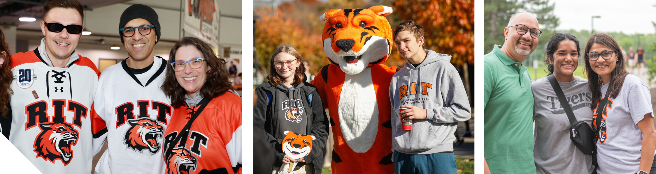 Three side-by-side photos showing groups of people at RIT: on the left, 3 individuals in RIT hockey jerseys indoors; center, 2 students posing with the Ritchie mascot outdoors in autumn; on the right, three people in RIT shirts standing together outside.