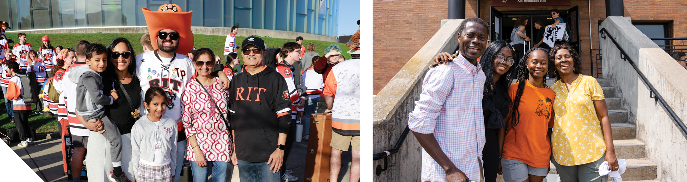 Two photos showing groups gathered on campus: on the left, a large group wearing RIT apparel at an outdoor event, including a person in a bright orange mascot-style hat; on the right, four people stand together on steps outside a campus building.