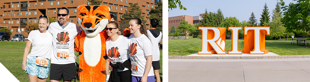 Group in “Brick City” race shirts posing with an orange tiger mascot on campus, alongside large orange “RIT” letters on a lawn.