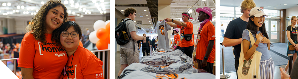 Students pose in orange “Welcome Home Tigers” shirts, staff hand out gray RIT T-shirts at a table, and a student in an RIT cap holds a tote bag during check-in.