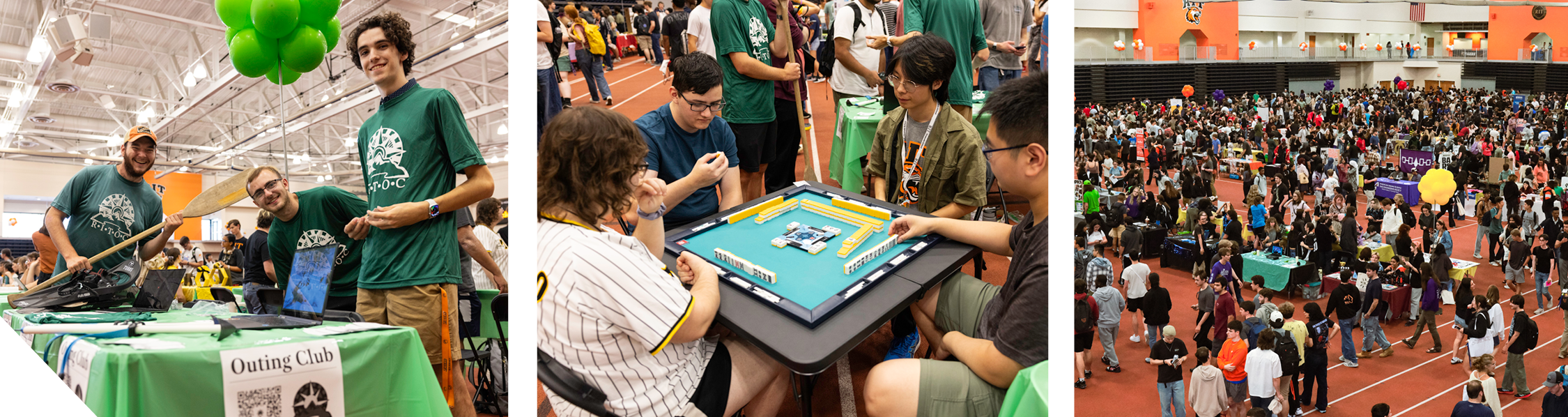 Three images from a student organization fair: club members standing at an Outing Club table, students playing a tabletop game, and a wide view of a crowded event space filled with student organization booths and attendees.