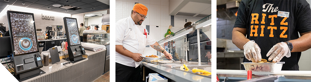 Three campus dining scenes: a self-service beverage station, a staff member plating food at a serving line, and a close-up of gloved hands preparing food with an “RIT Dining” shirt visible.