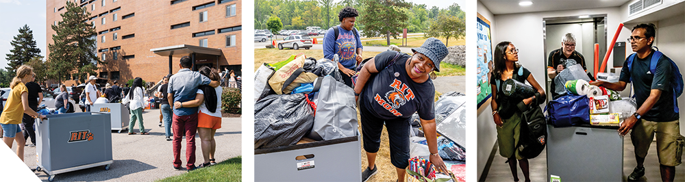Three photos show students and volunteers using rolling move-in bins and staff directing traffic during residence hall move-in.