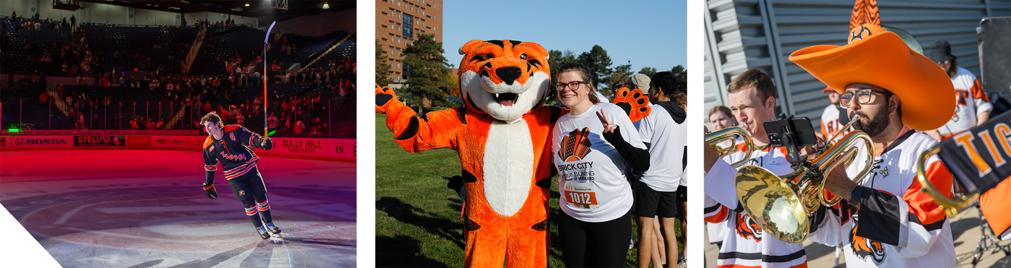 Three campus scenes: a hockey player skating under arena lights, a tiger mascot posing with a participant outdoors, and a band member playing a brass instrument in an orange hat.