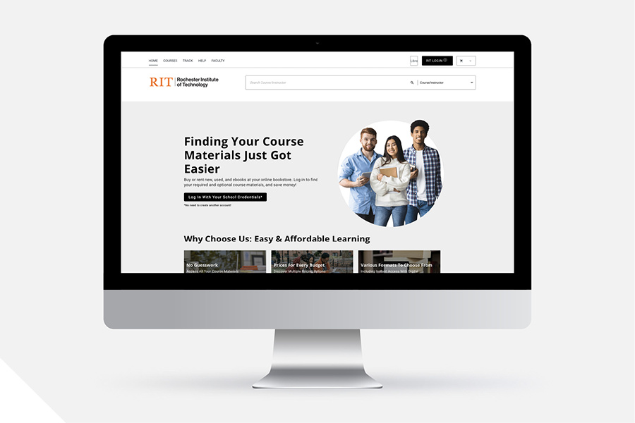 Computer monitor displaying the RIT course materials website, featuring information about finding and purchasing course materials, alongside an image of students and links to affordable textbook options.