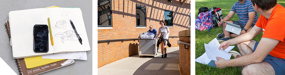 Student sketches in a notebook, students move belongings into a residence hall, and students study together outdoors on campus.