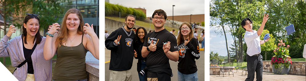Three photos show students participating in Welcome Days activities, including gathering with peers and taking part in an outdoor event.