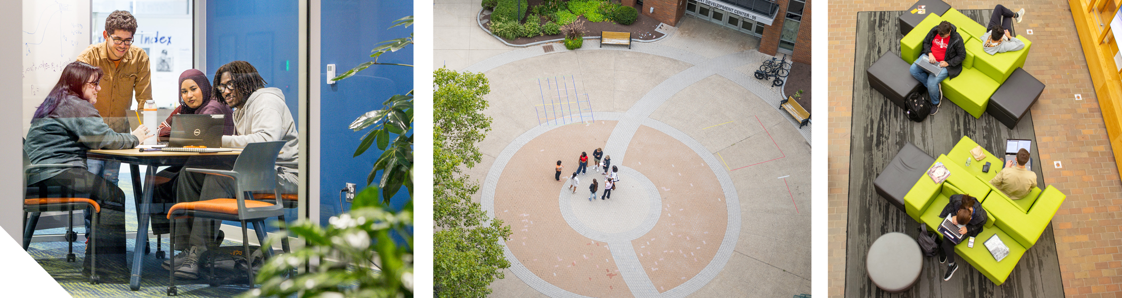 Students collaborating at a table indoors, a group gathered in a circular outdoor campus space, and individuals studying on bright green seating in a common area.