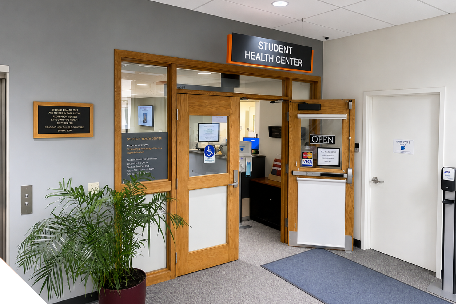A photograph showing the entrance to the Student Health Center.