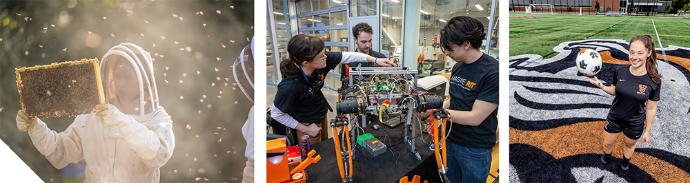 Left: Student examines a honeycomb frame while beekeeping. Center: Students work together on a robotics project in a lab. Right: Student holds a soccer ball on an athletic field.