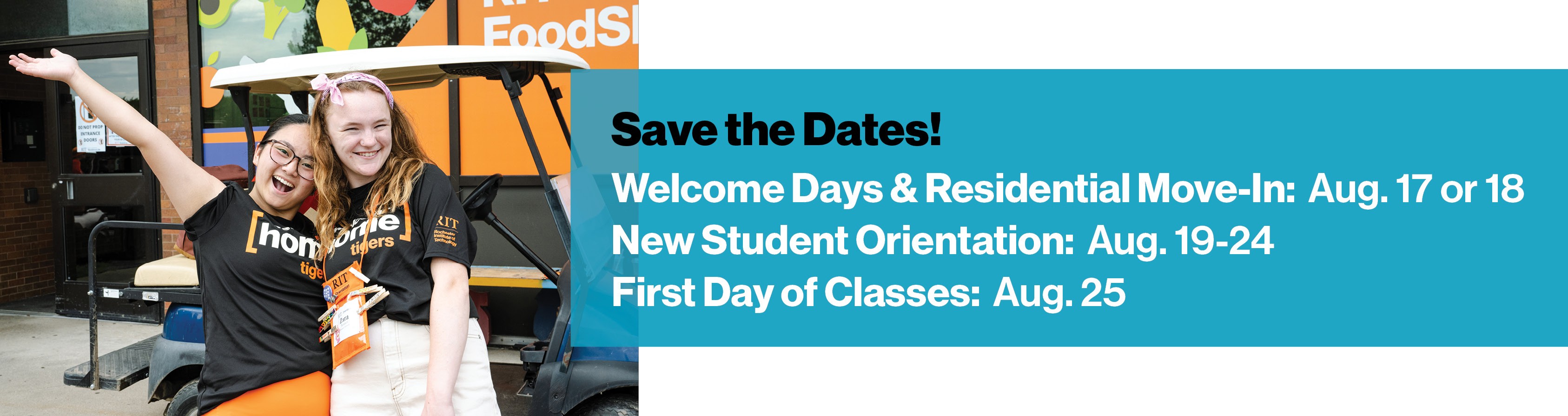 Two students posed for a photo in front of a golf cart with text reading Save the Dates