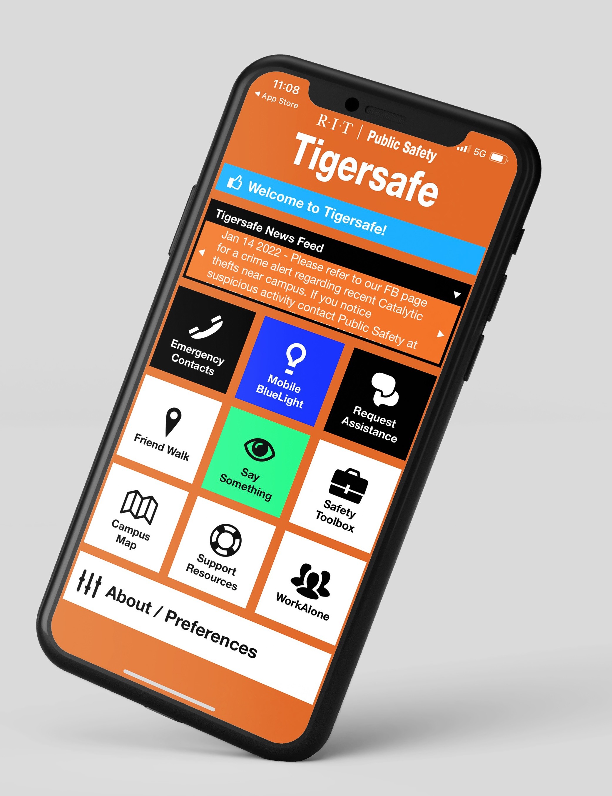 Phone screen showing Tigersafe app