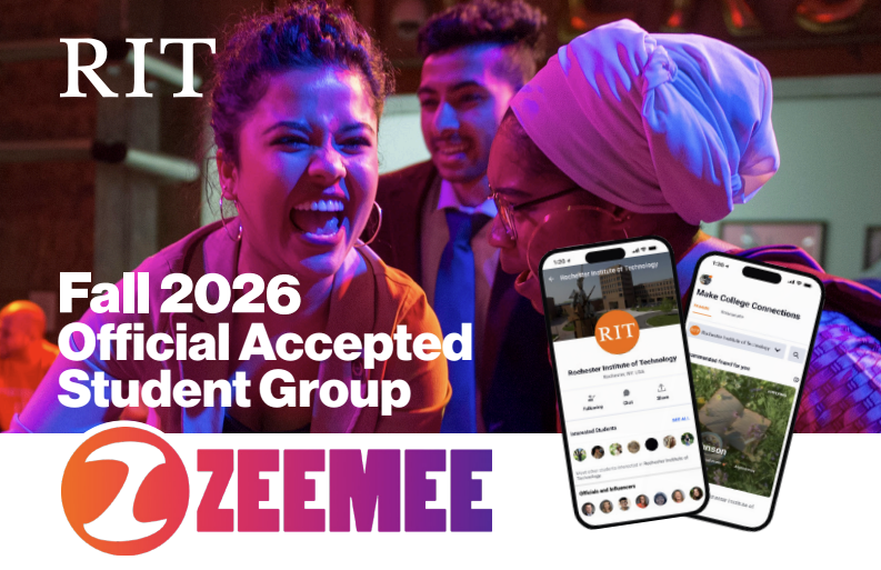 Promotional graphic for RIT featuring a group of students at a campus event under colorful lighting. Text reads “RIT,” “Fall 2026 Official Accepted Student Group,” and “ZeeMee,” alongside smartphone screens showing the RIT group within the ZeeMee app.