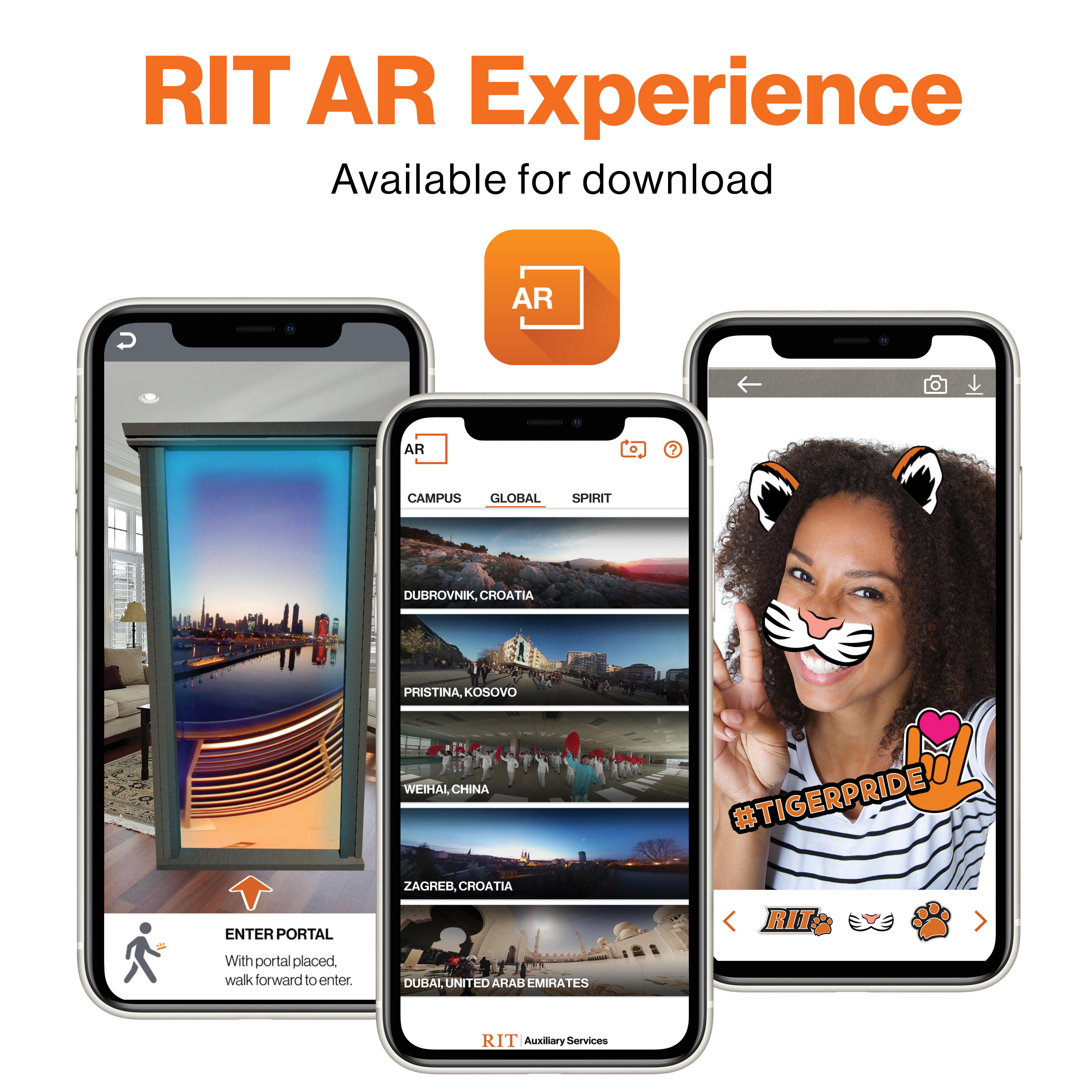 Three cell phone screens with images from the RIT AR Experience App