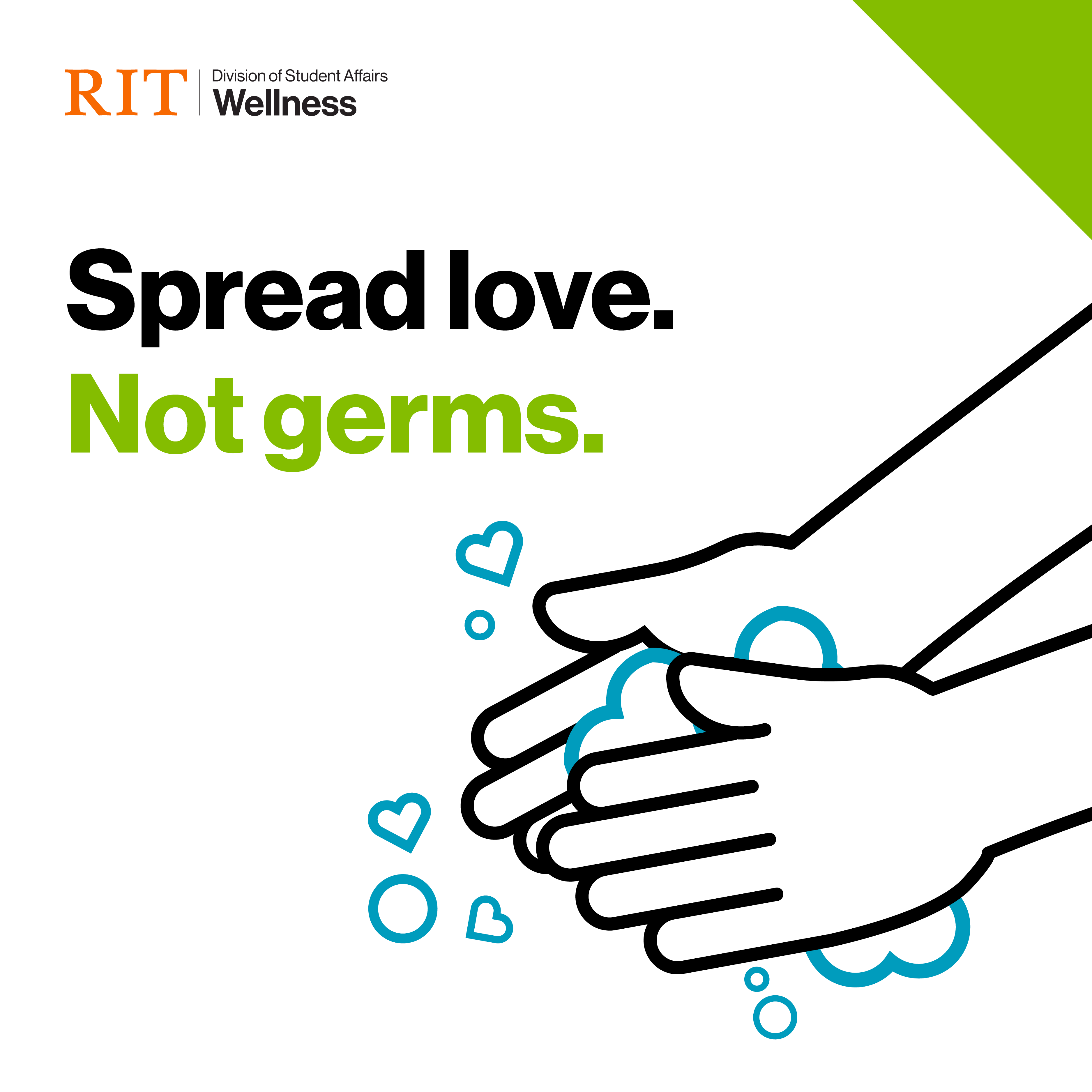 An illustration of hands washing with soap bubbles shaped as hearts and text Spread Love Not Germs