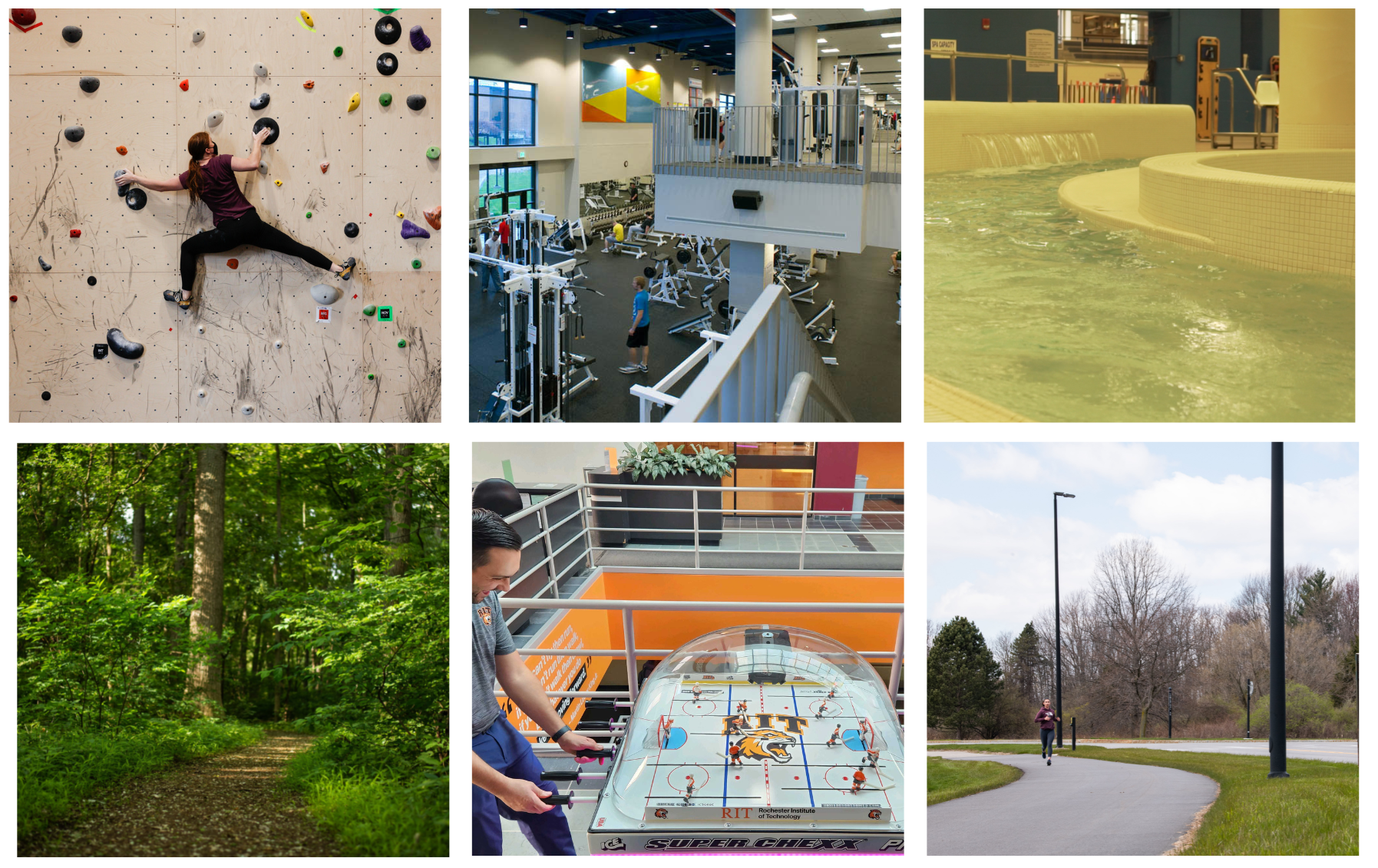A grid of 6 pictures showing various activities on campus