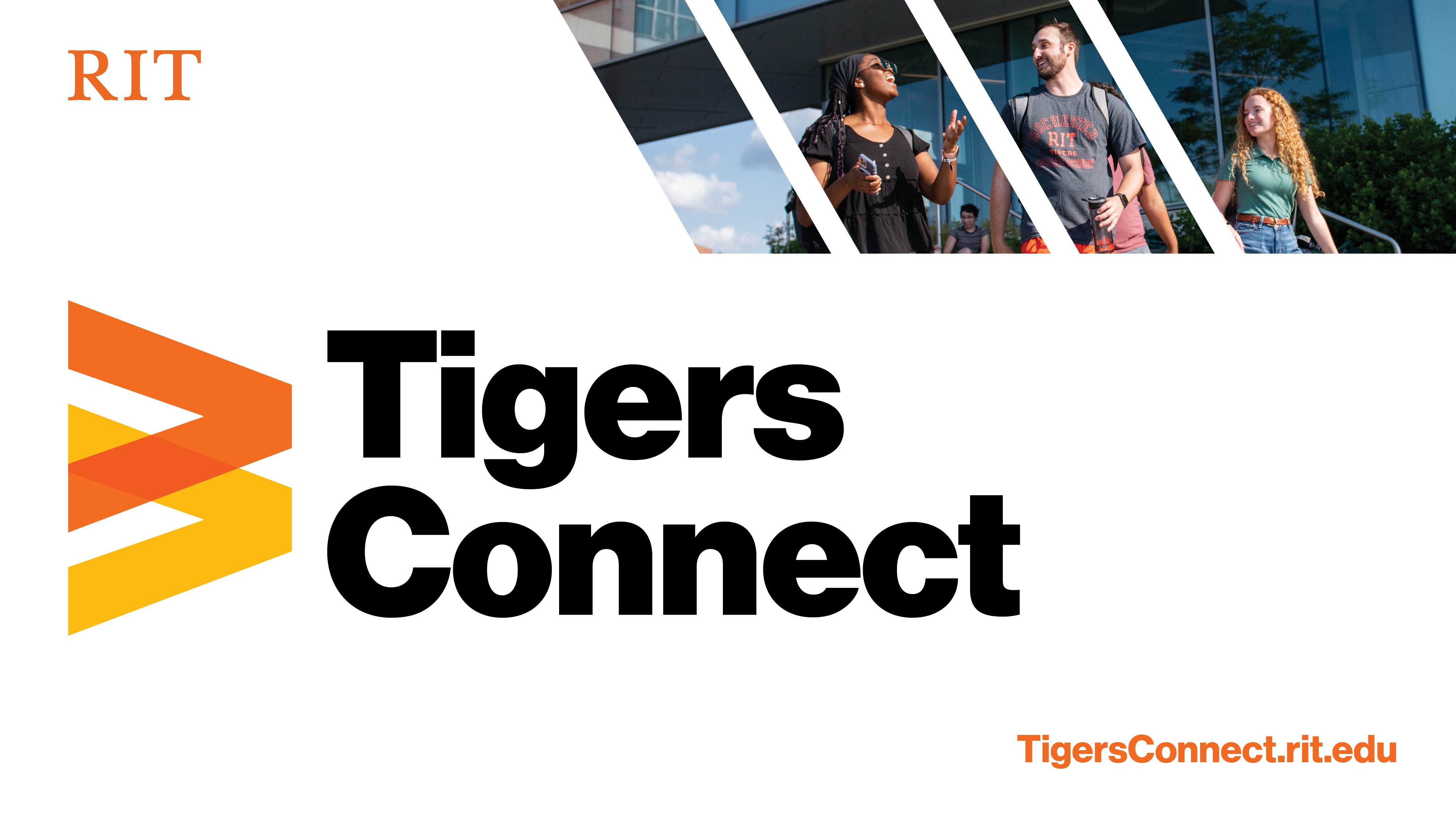 Tigers Connect image with Tigers Connect in lower left and students walking on campus in upper right