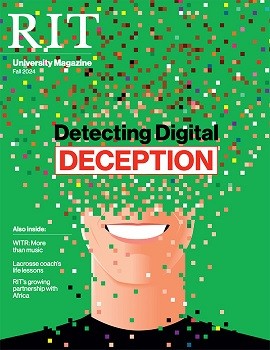 University Magazine Fall 2024. Green pixelated cover with an animated person with a black shirt on, smiling, and the title Detecting Digital Deception on the cover