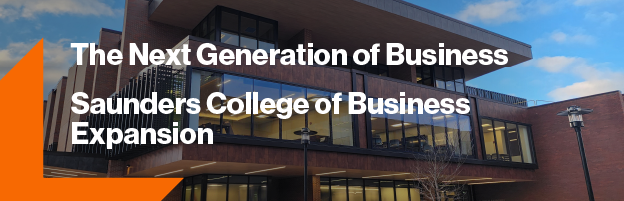 Graphic of new Saunders building with text that says The Next Generation of Business