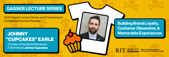 Gasser Lecture Series graphic with headshot of speaker Johnny Cupcakes