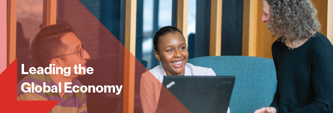 Photo of students with text that says leading the global economy