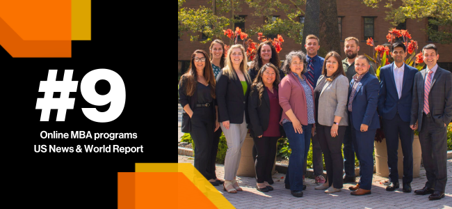 US News Ranks EMBA #9 - photo of students around number 9 sign