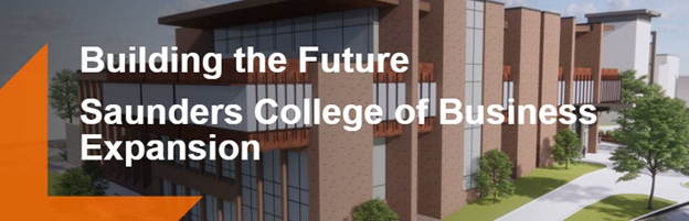 Graphic of building with text that says building the future