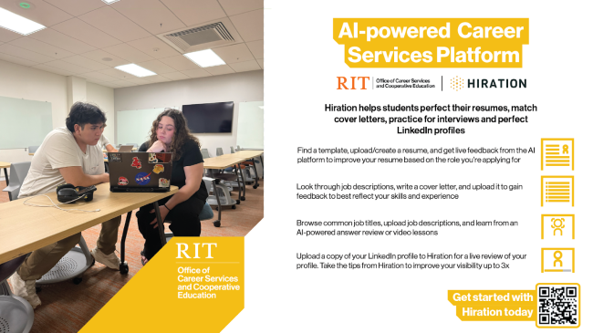 Two students working on a laptop; RIT poster promoting the AI-powered Career Services Platform with Hiration.